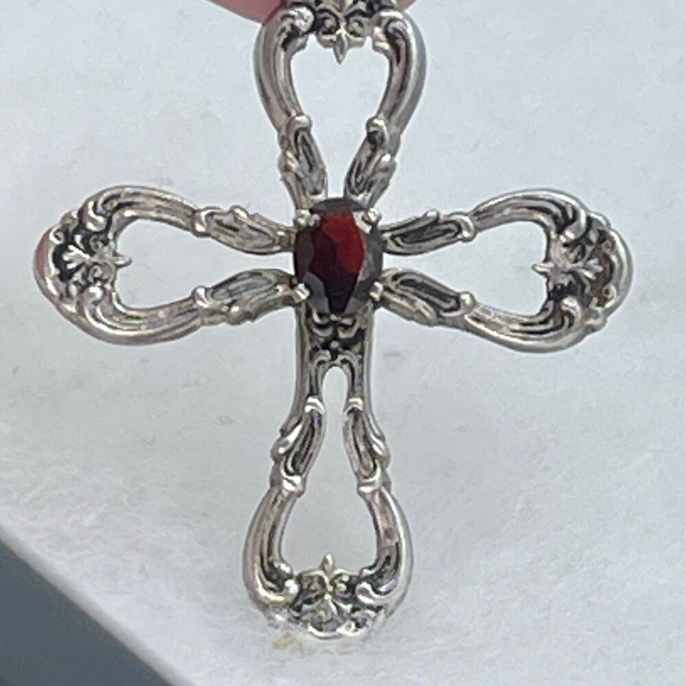 Vintage Gorham sterling silver natural Garnet cross pendant.